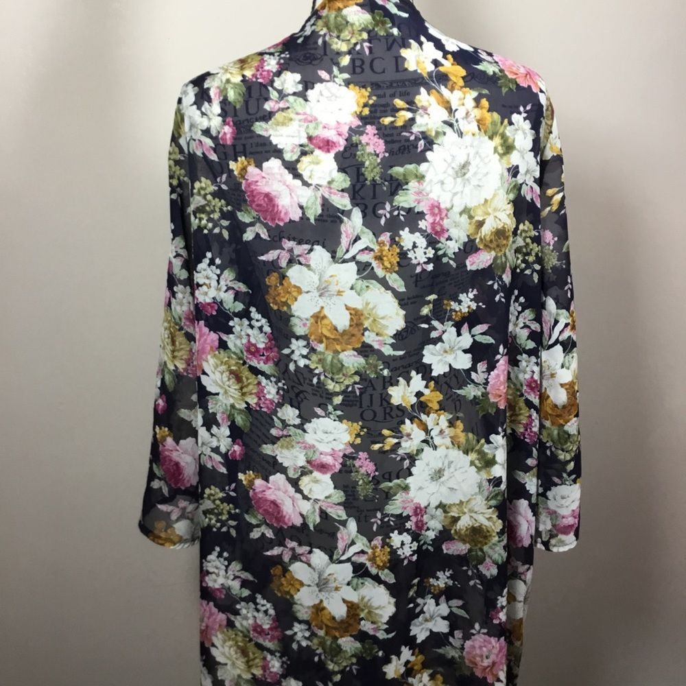 Floral open front black kimono robe duster very long floaty flowy sz 2XL - Picture 5 of 7